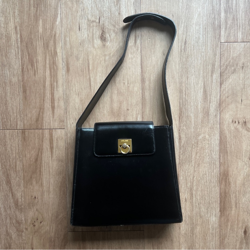 Vintage Celine Black Leather Kelly Style Shoulder Bag with Gold Hardware